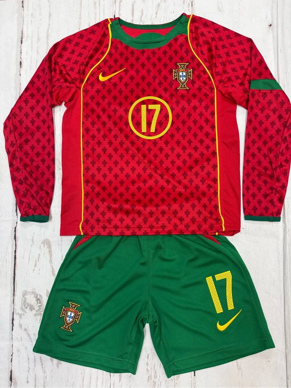 YOUTH Ronaldo Retro Jersey Long Sleeve Vintage Portugal Kit (Jersey + Shorts)